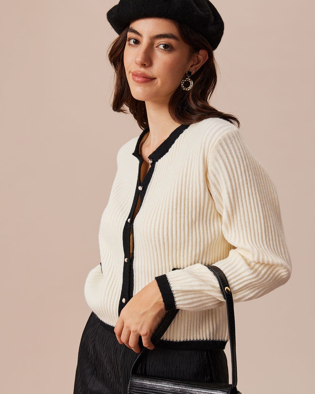 The Beige Round Neck Contrast Trim Cardigan