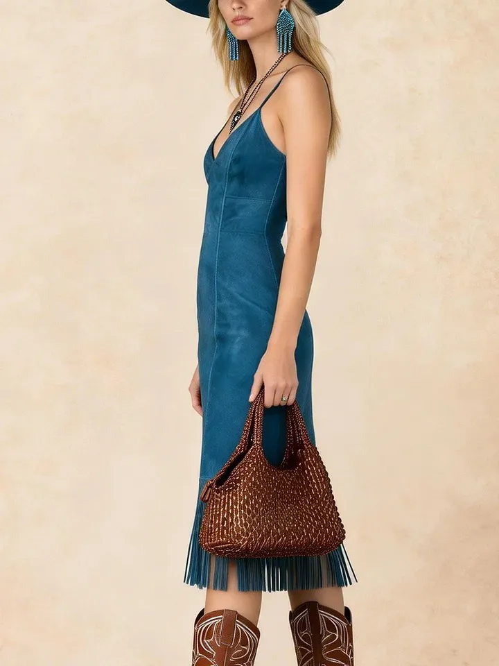 Blue Suede Halter V-Neck Tassel Midi Dress