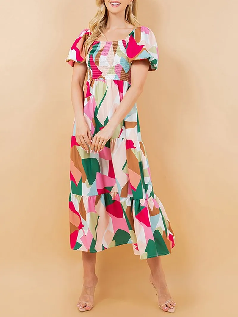 Square Patchwork Short-Dleeved Dress