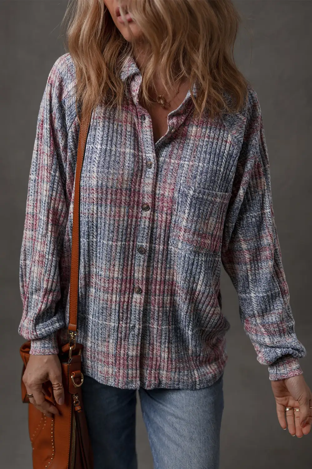Plaid Textured Pocket Detail Shirt Blouse