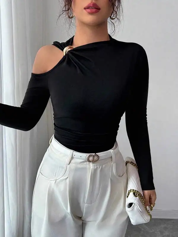 Long Sleeve Slim Fit Asymmetric Neckline T-Shirt