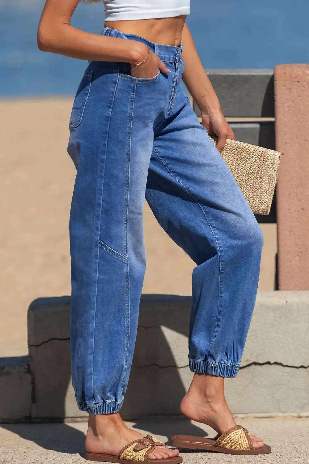 Buttons Front Tapered Casual Loose Fit Jeans