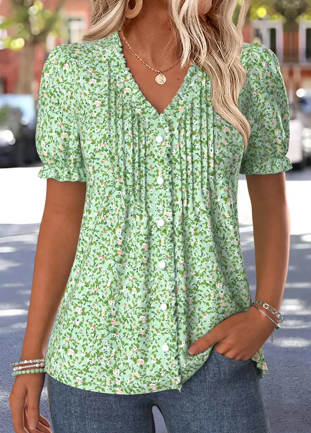 Red Geometric Print Frill Short Sleeve T Shirt