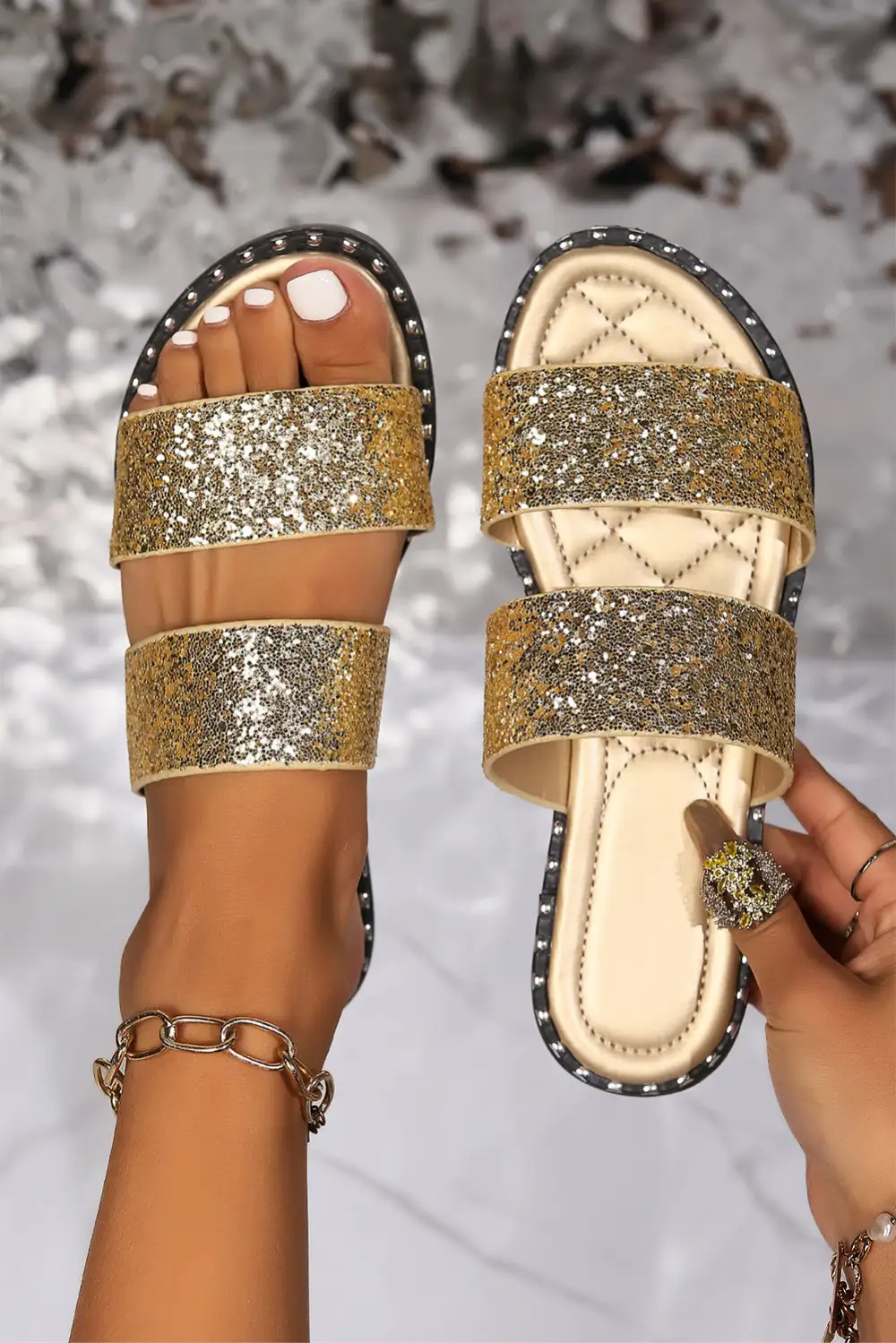 Glittering Hollow Out Dual Straps Flat Slide Slippers