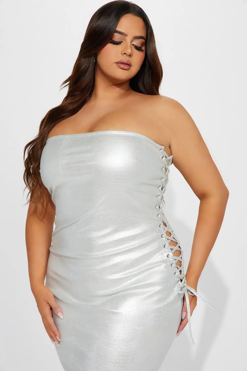 No Crocodile Tears Lace Up Midi Dress - Silver