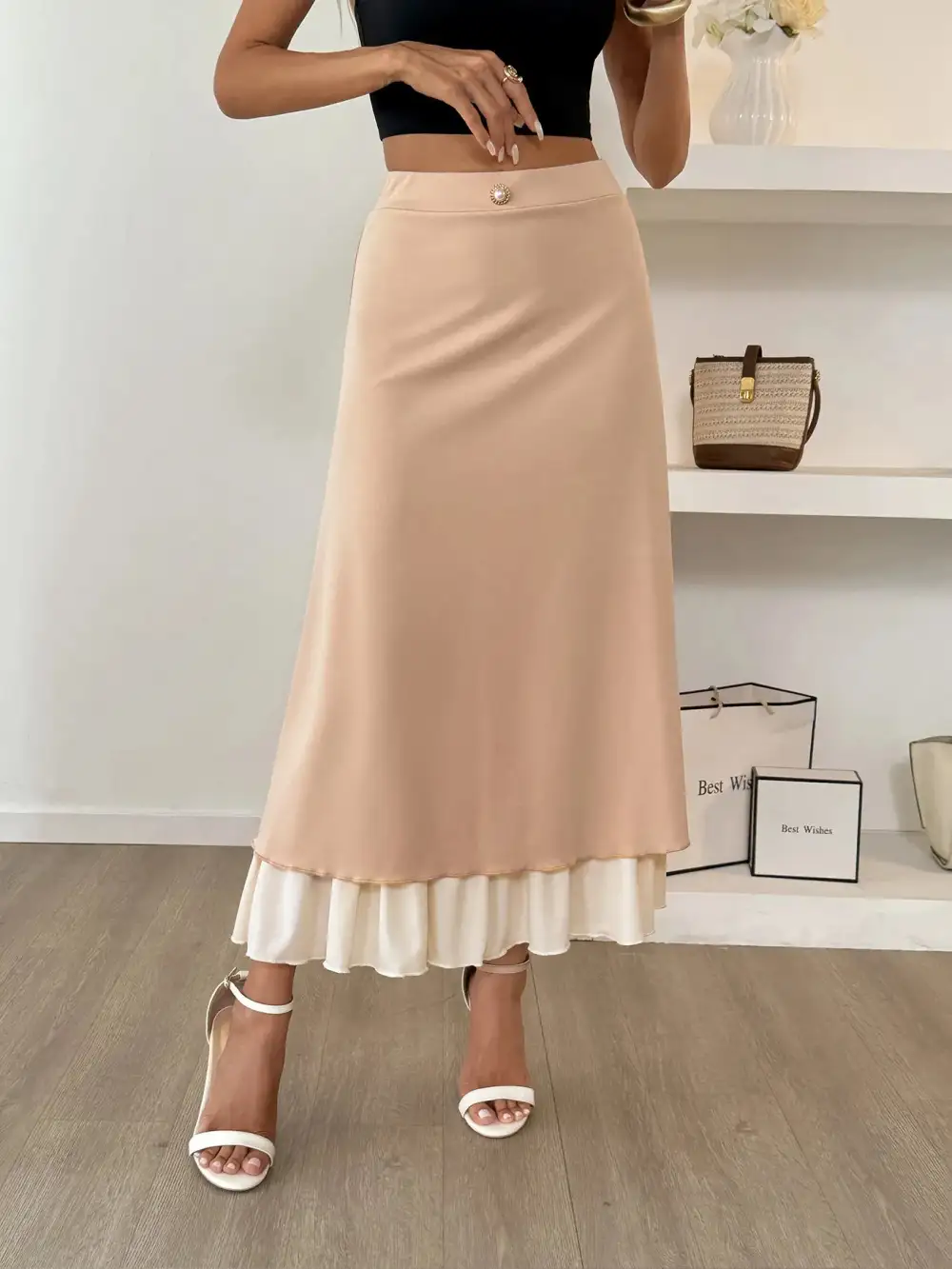 Layered Contrast Midi Skirt