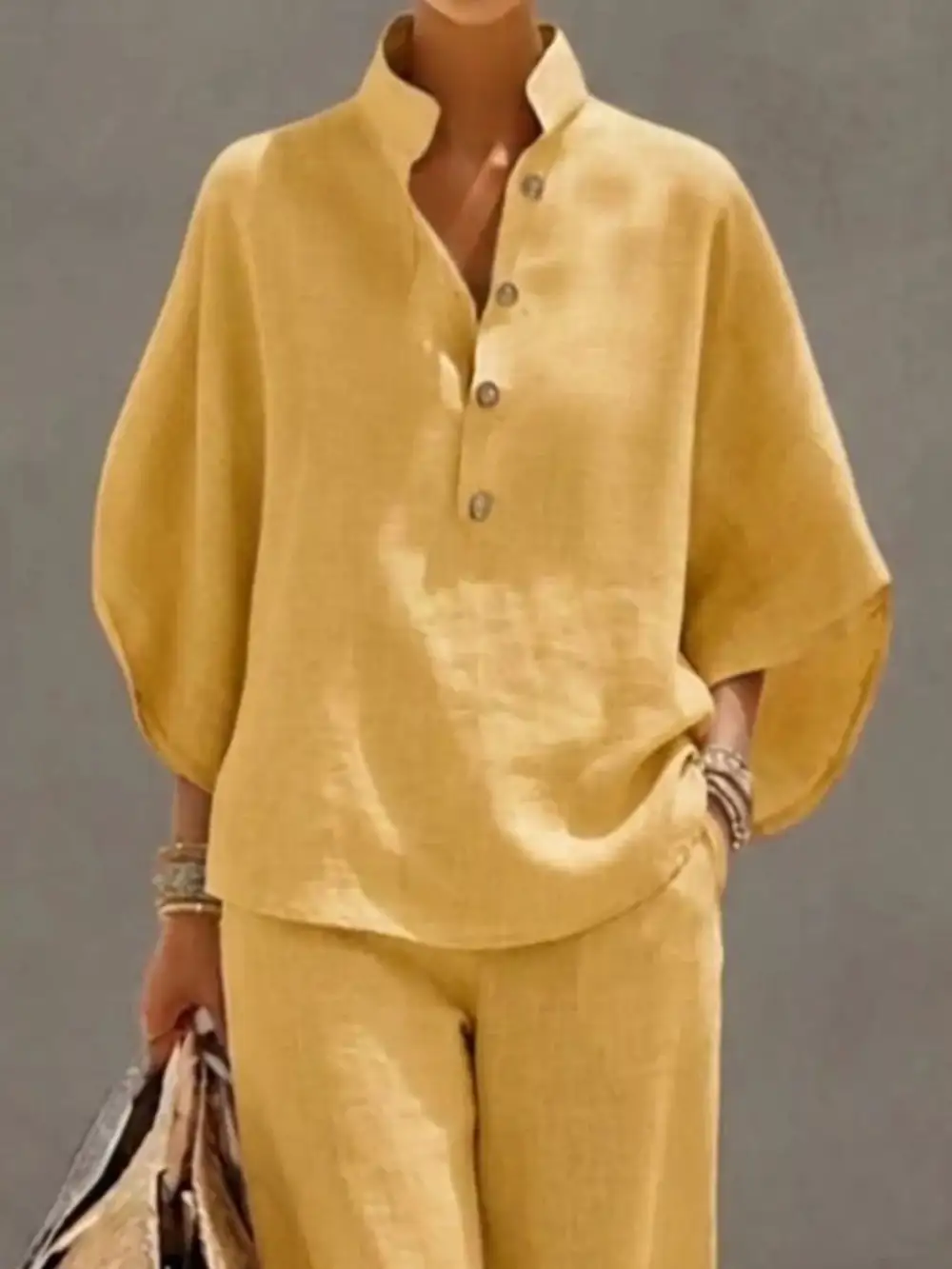 Button Detail Sleeve Top and Pants Set