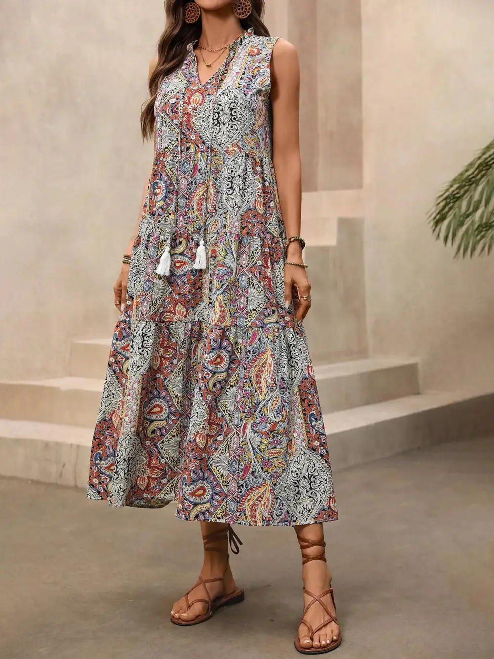 Paisley Print Sleeveless Midi Dress