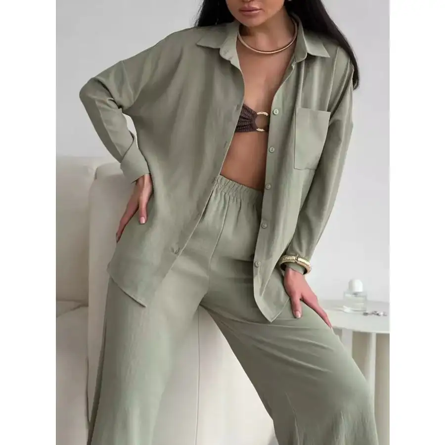 Button Up Long Sleeve Shirt and Pants Set