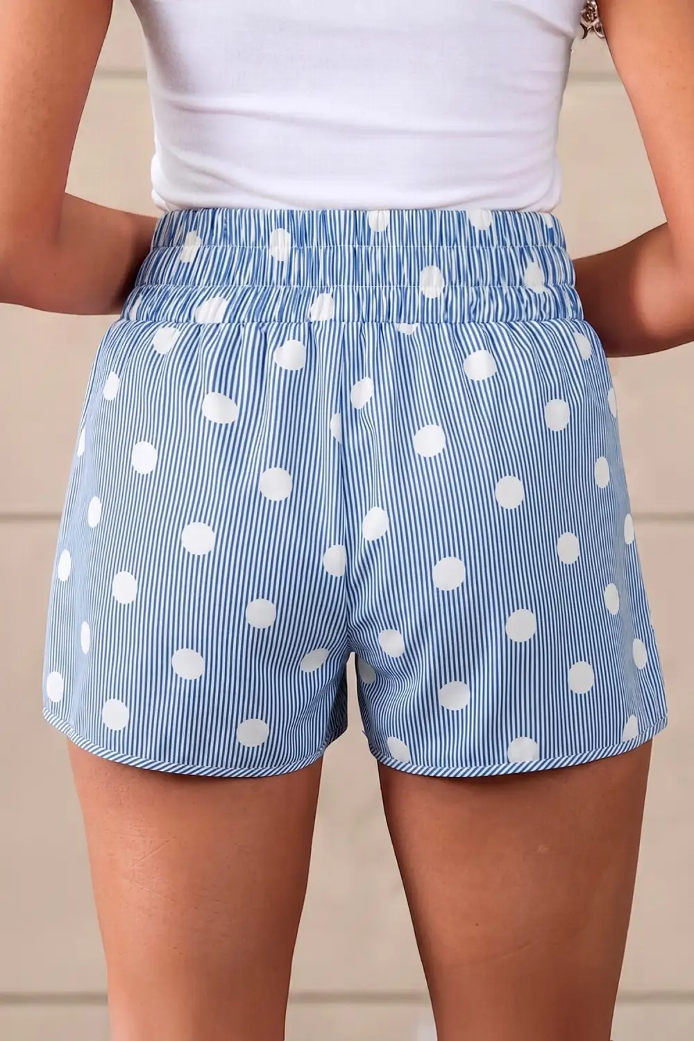 Apricot Polka Dot Print Shirred High Waist Casual Shorts