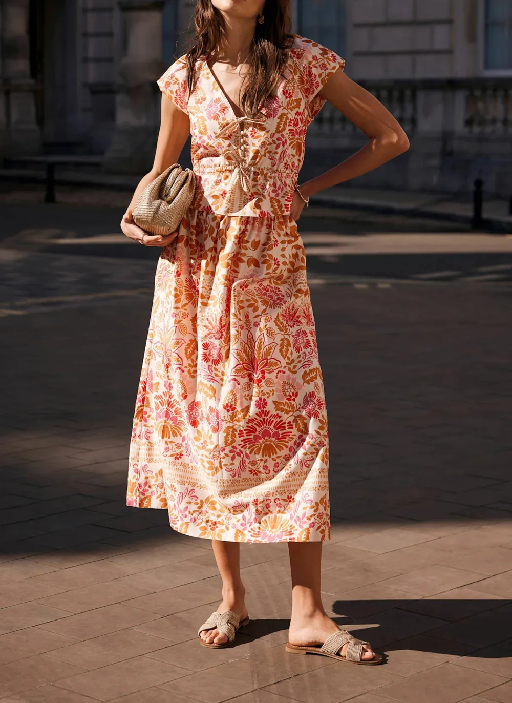 Casual Style Orange Floral Print Midi Skirt