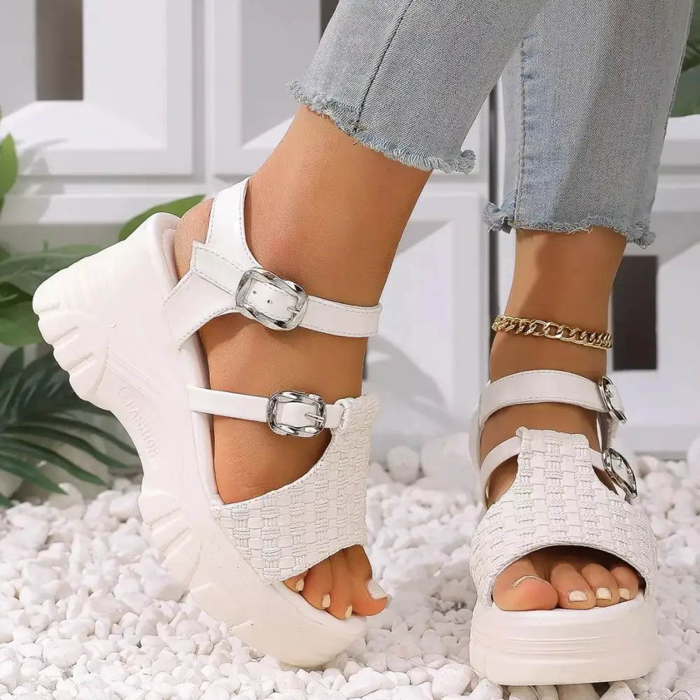 Buttoned Classic Open Toe Wedge Sandals