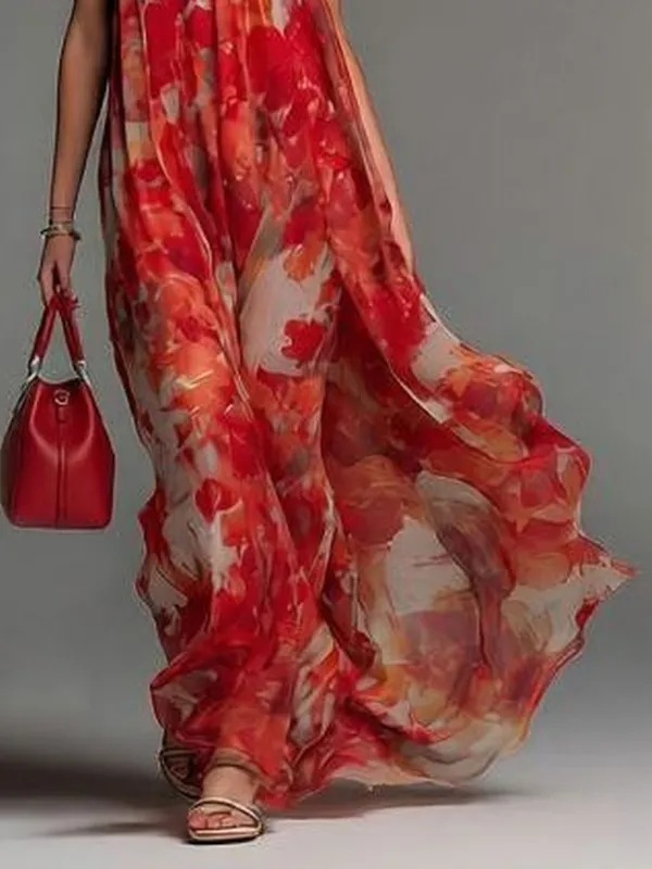 Watercolor Floral Backless Sheer Maxi Dress