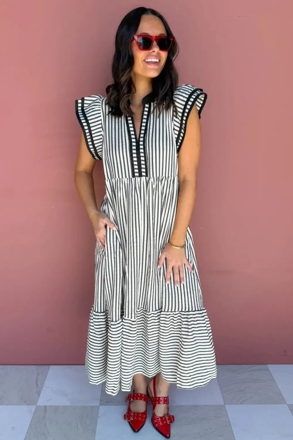 Layered Striped V-Neck Maxi Dress