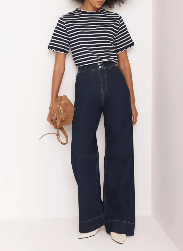 Casual Style Navy Stripe Scallop Trim T-Shirt
