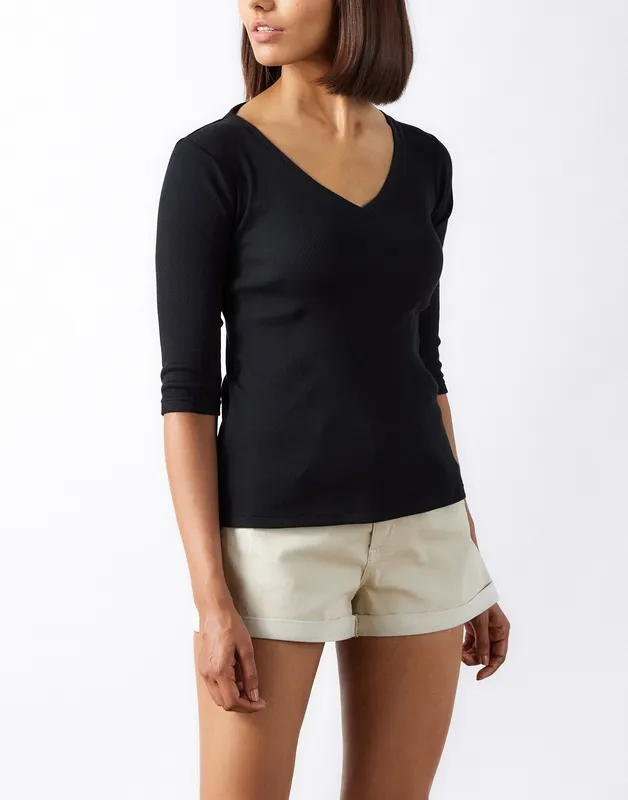 Black Ribbed V-Neck Tee