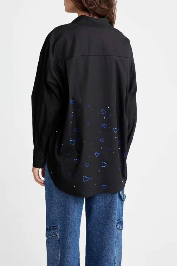 Heart Print Roll Sleeve Button Down Shirt