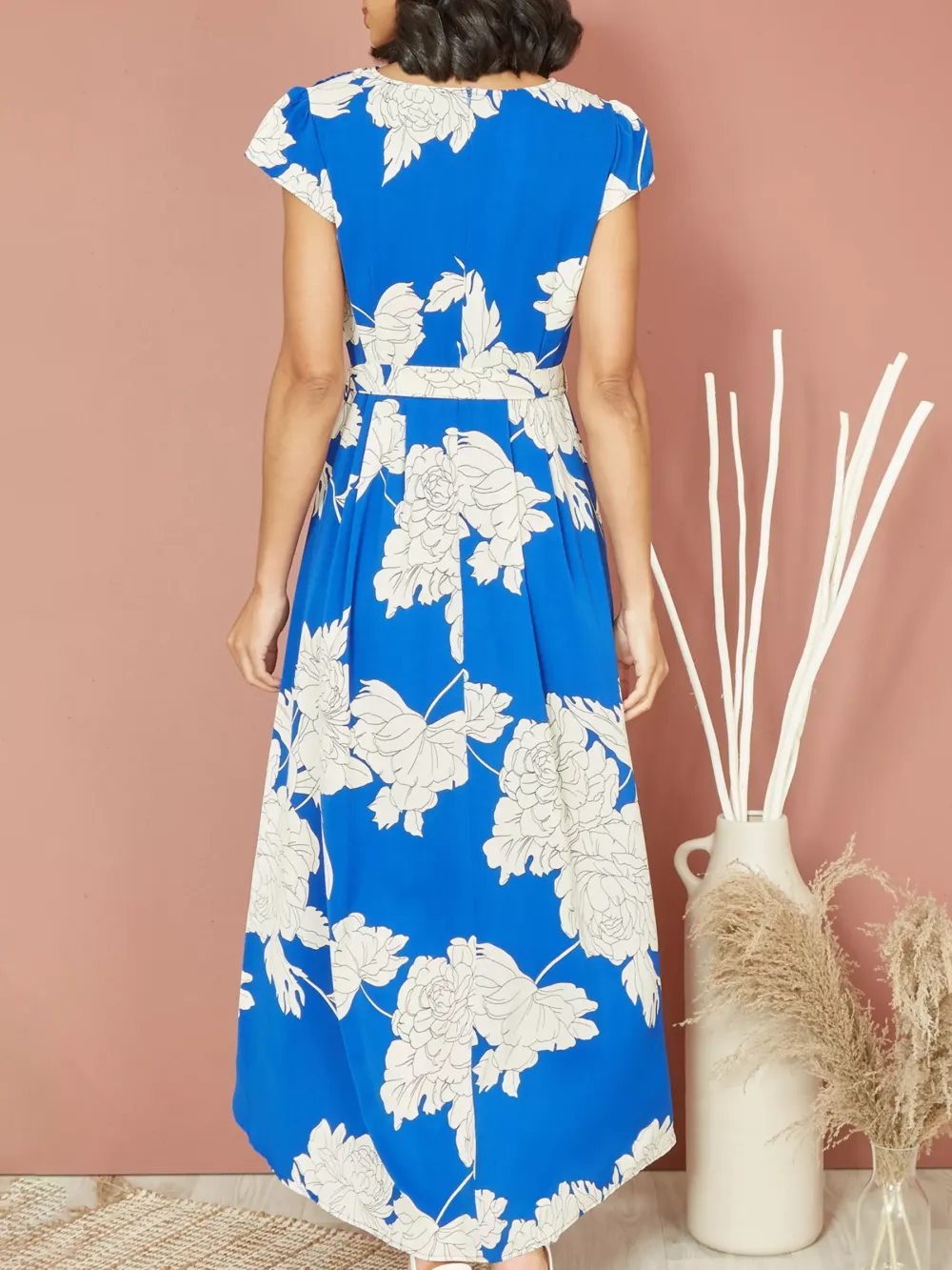 Mela London Blossom Print Wrap Dip Hem Midi Dress