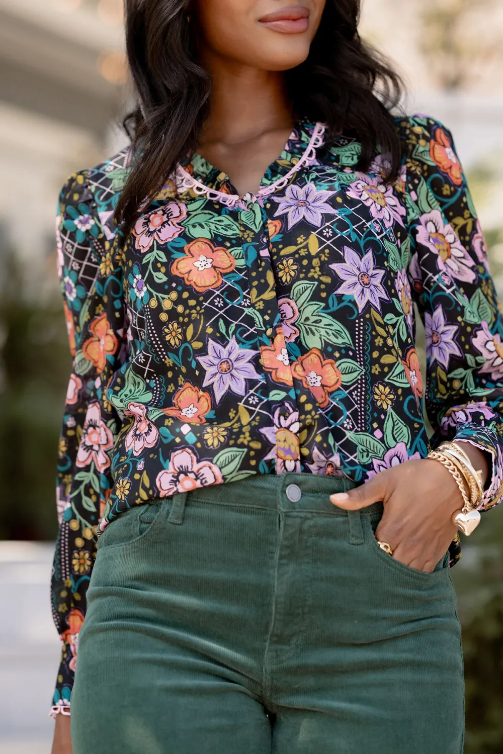 Multicolored Floral Print V-Neck Long Sleeve Blouse
