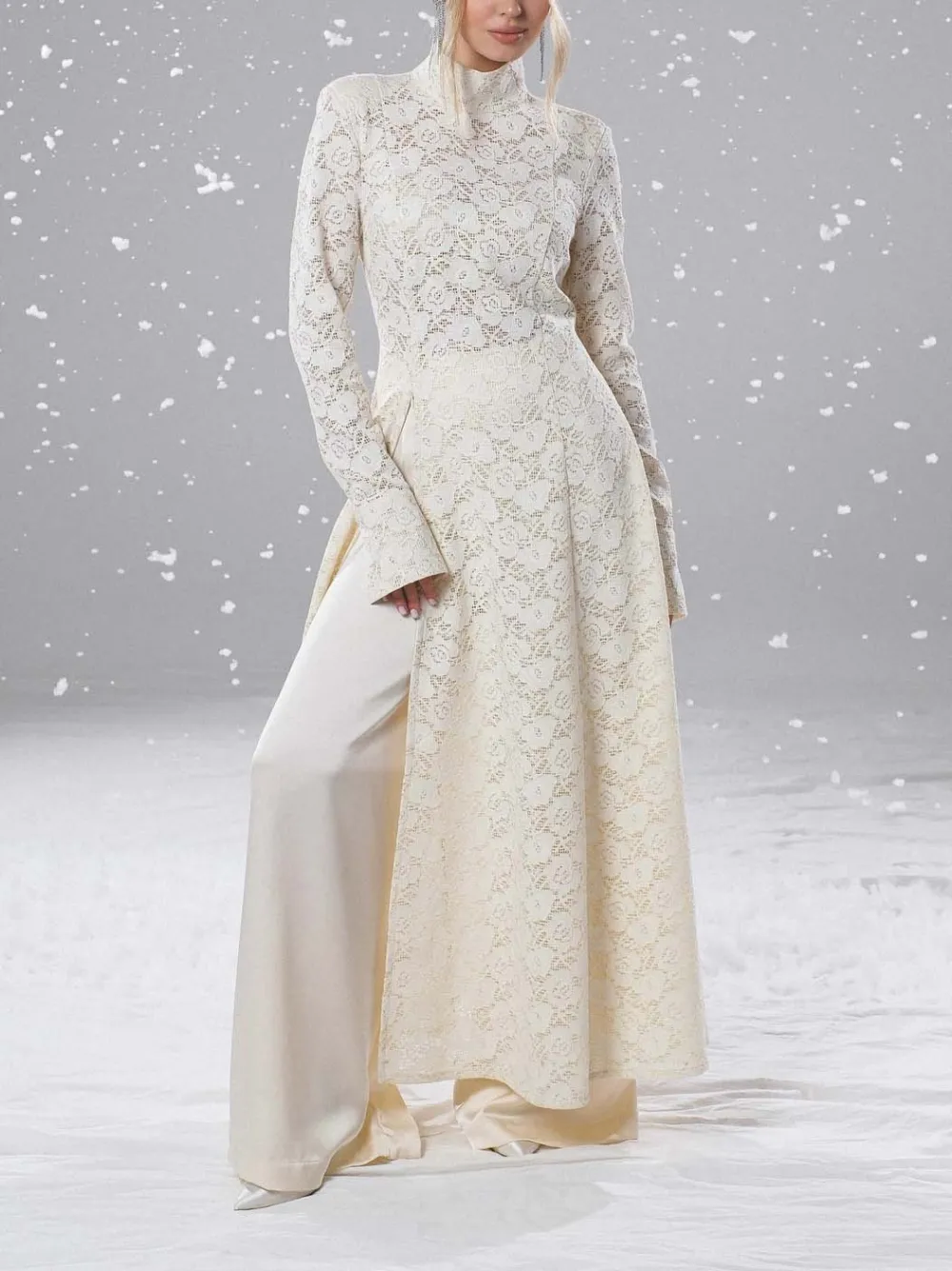 Elegant High Neck Lace Slit Midi Dress