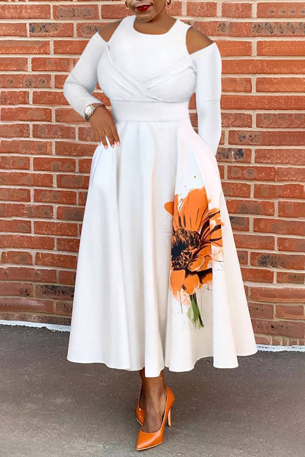 Plus Size White Business Casual Cold Shoulder With Pocket Flowers Midi Dresses