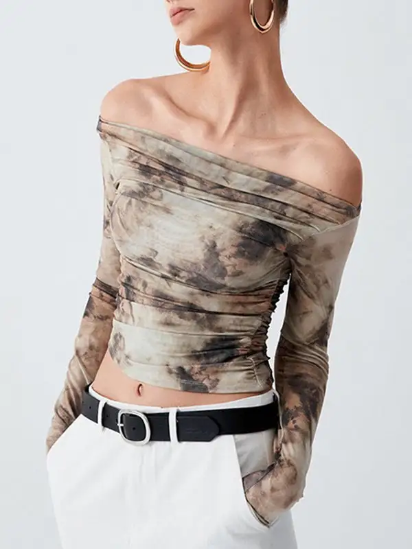 Long Sleeve Slim Fit Pleat Detail Panel Detail Tie Dye Off The Shoulder T-Shirt