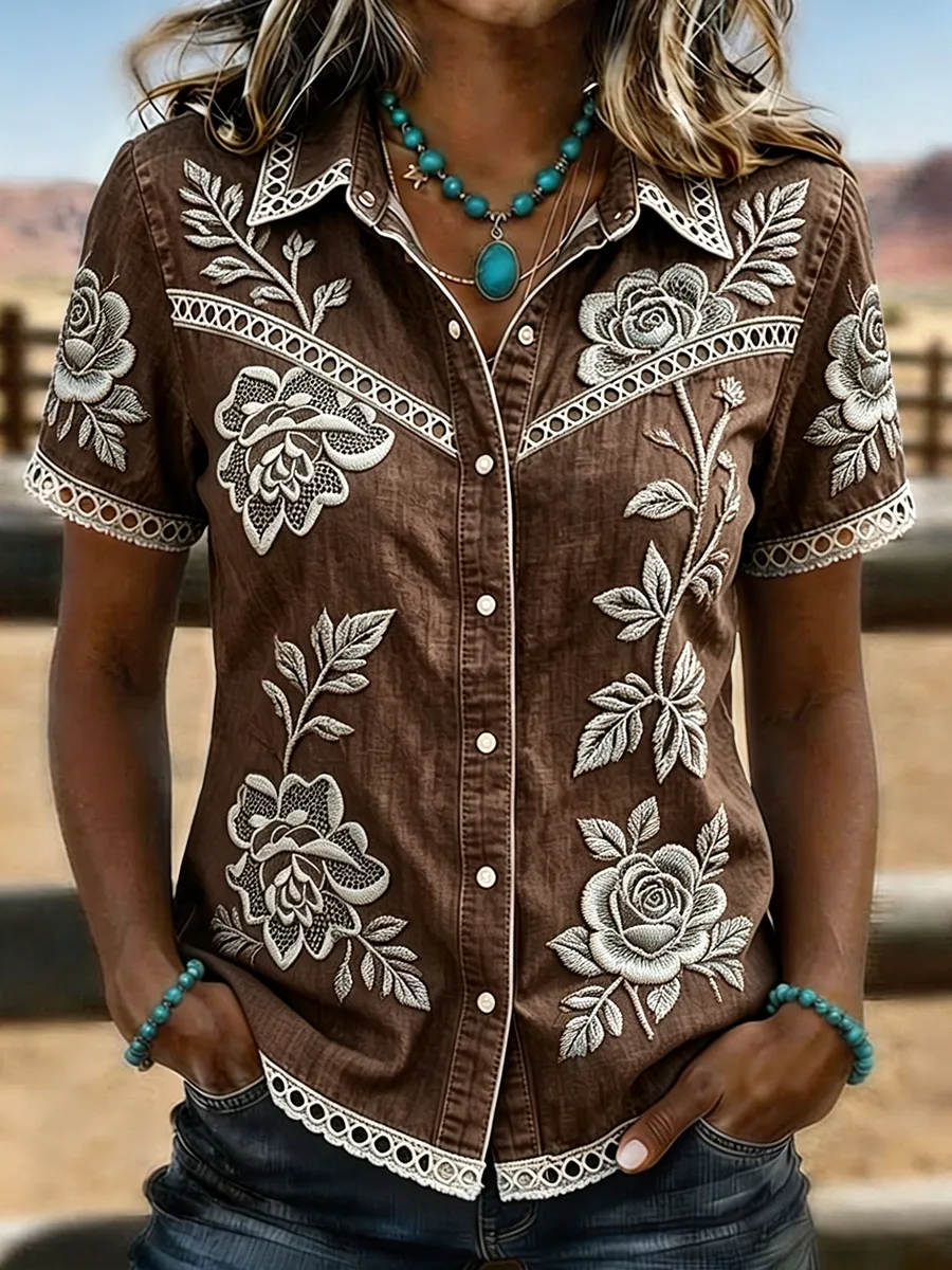 Women's Burgundy Rose Embroidered Lace Trim Western Denim Shirt