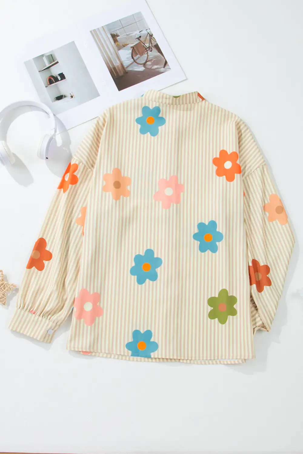 Apricot Stripe Flower Print Collared Button-Up Loose Fit Shirt