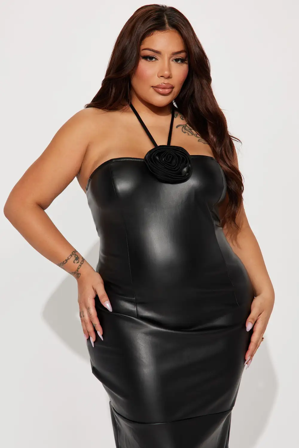 Dahlia Faux Leather Midi Dress - Black