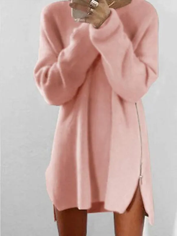 Fluffy Zipper Long Sleeve Casual H-line Sweater