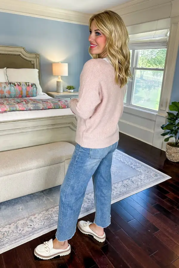 V-Neck Button Down Knit Sweater In Blush