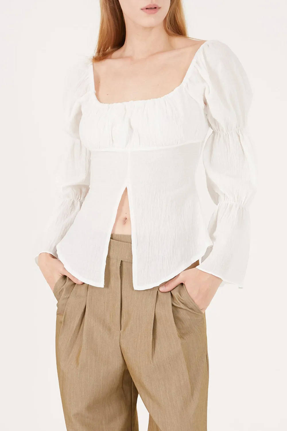 Balloon Sleeve W/ Front Slit Blouse