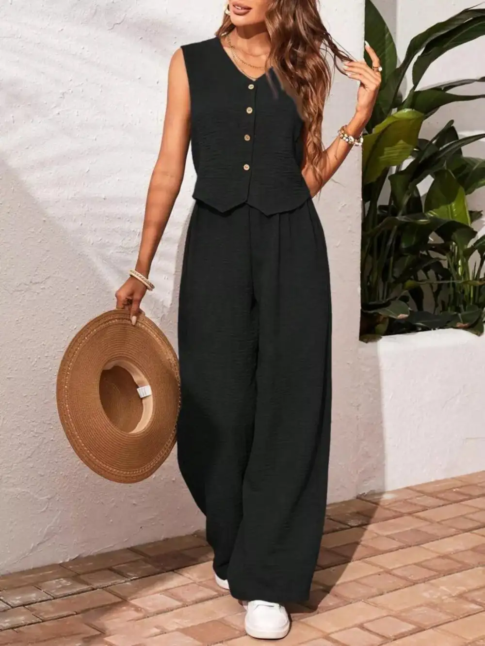 Button Front Wide Leg Jumpsuit