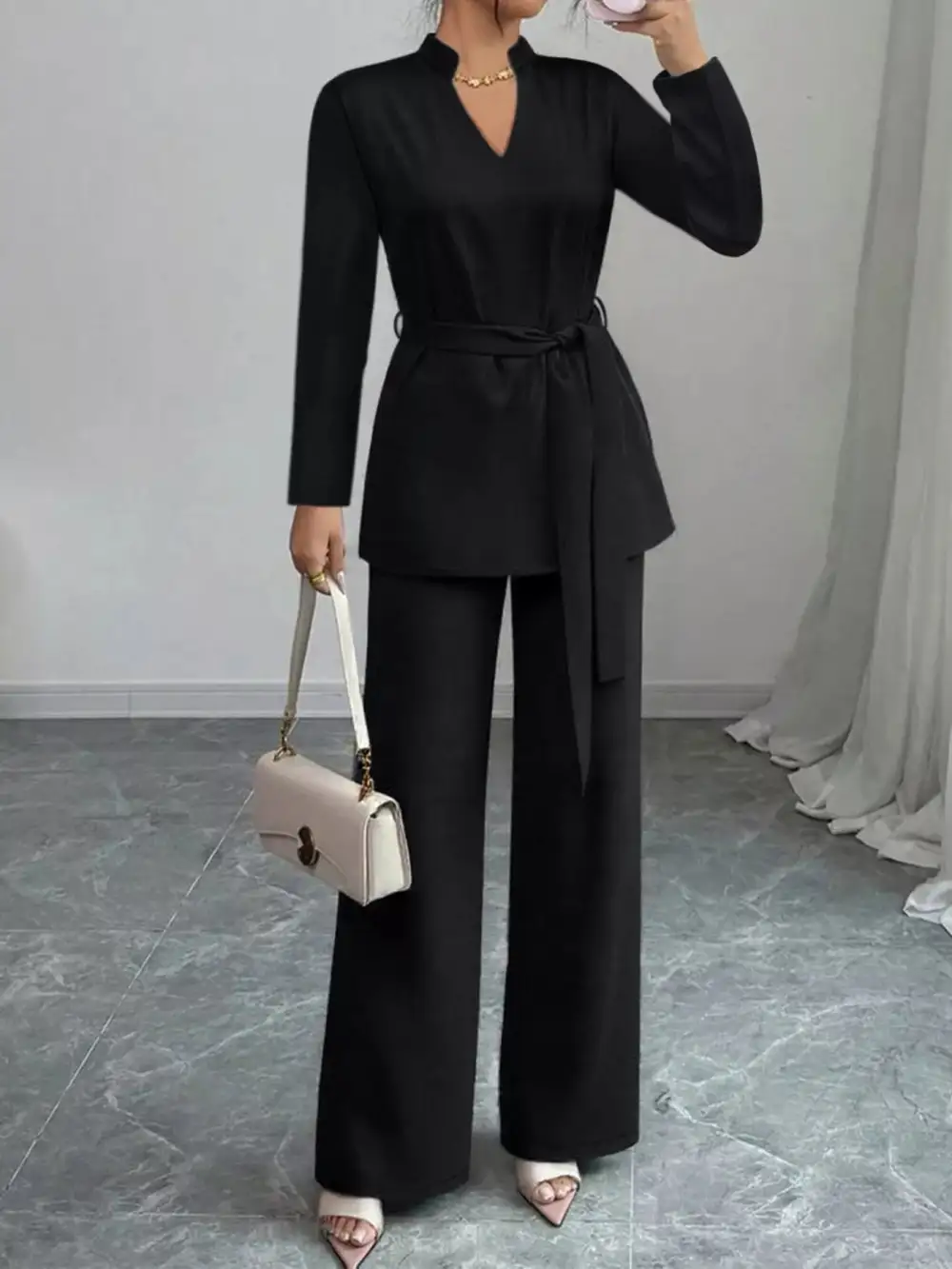 Tie Waist Long Sleeve Top and Pants Set