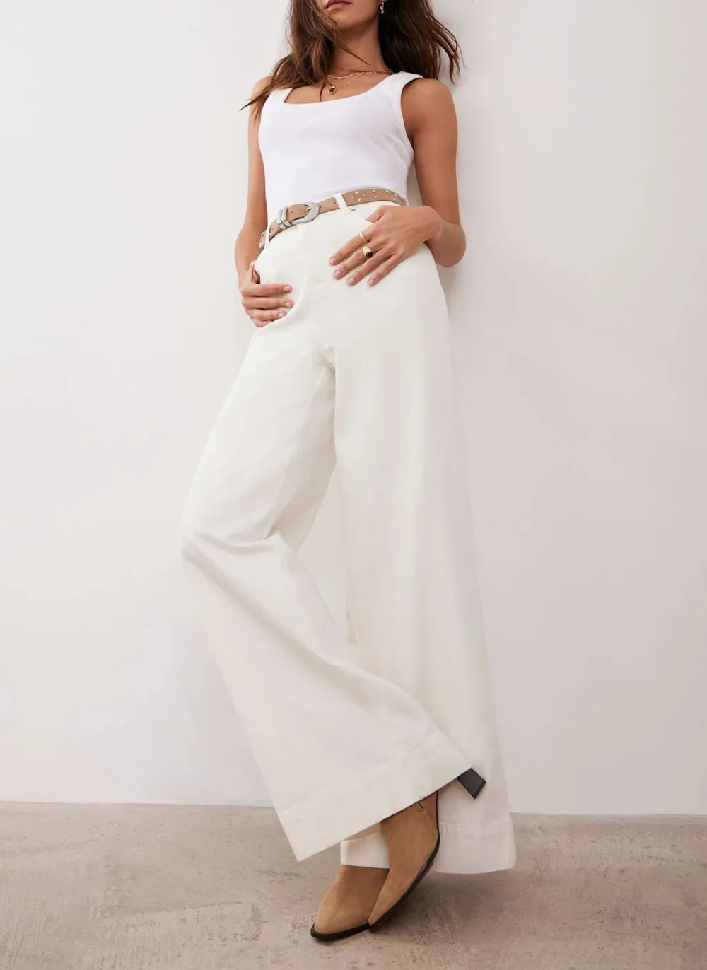 Casual Style Cream Wide Leg Jeans