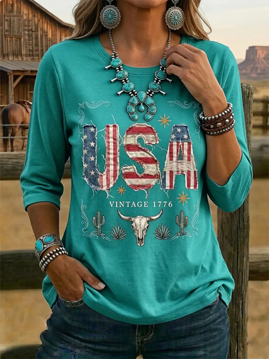 Women's Vintage USA Print Casual Half-sleeve Top