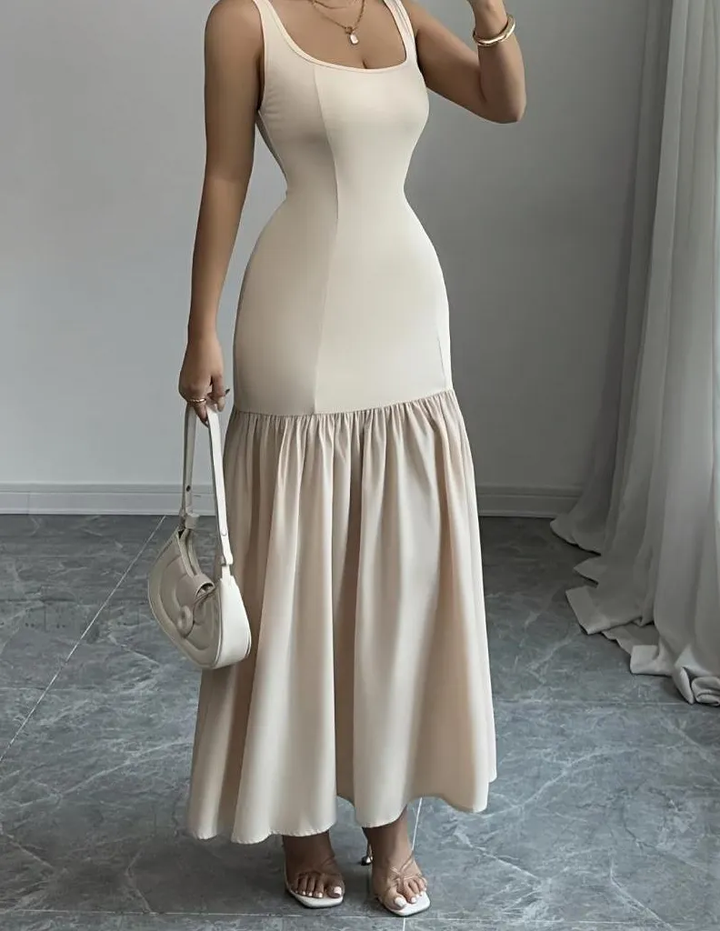 Premium Peach Sleeveless Pleated Waist Maxi Dress