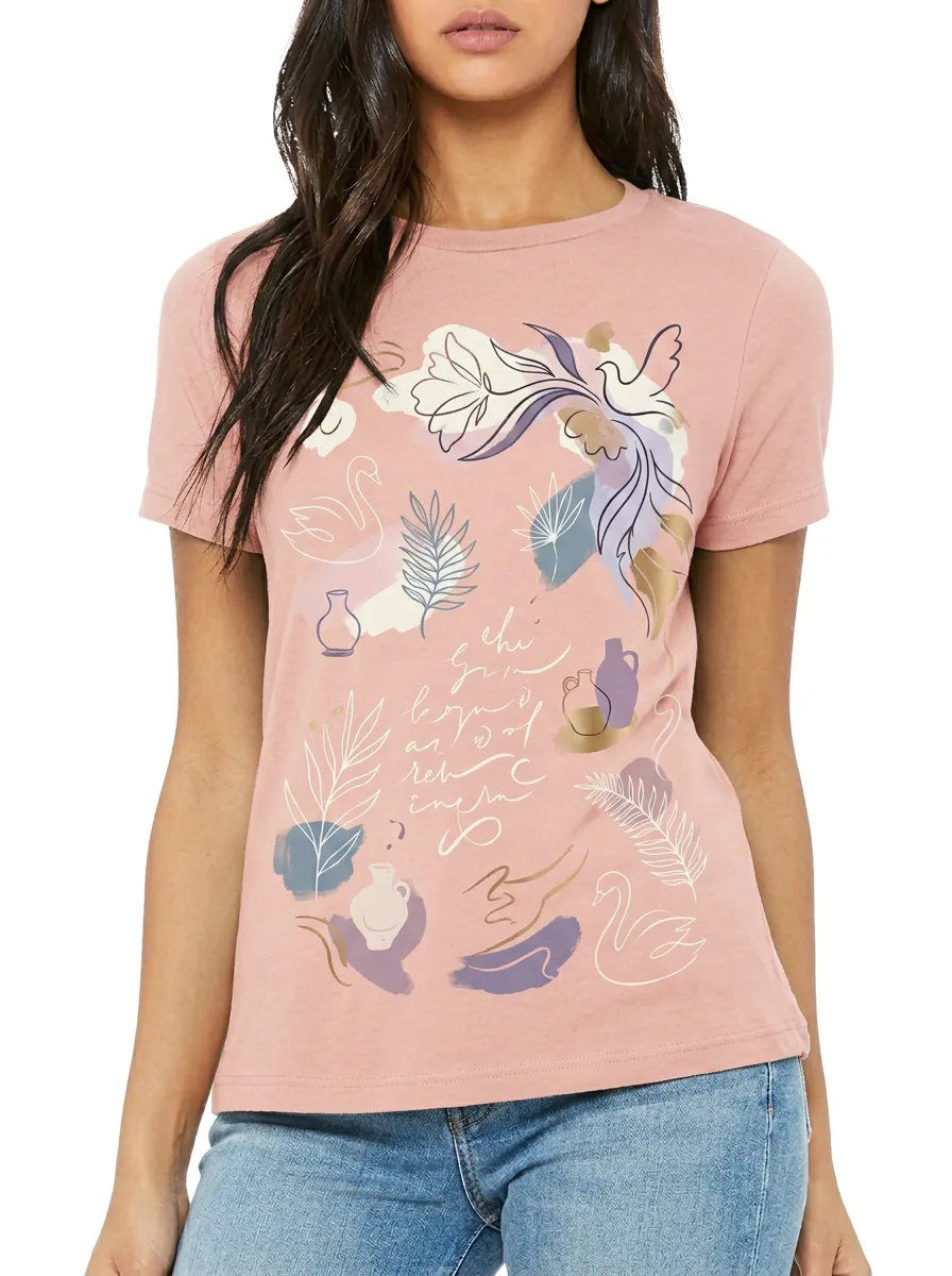 Women's Abstract Swan Floral Vase Script Printed T-shirt