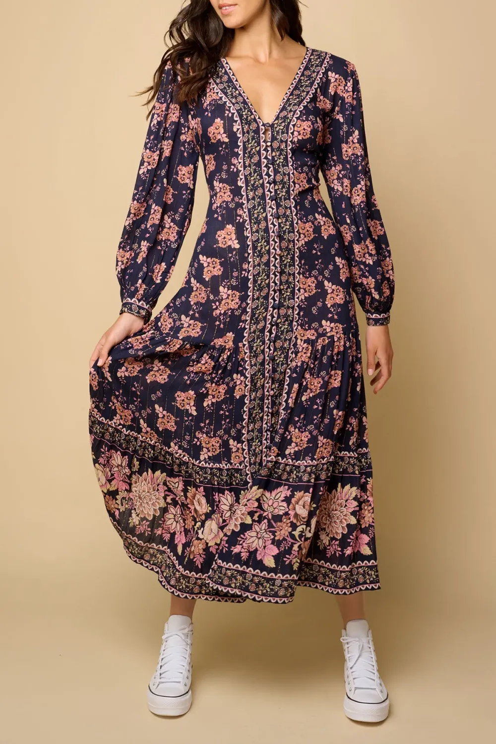 Navy And Pink Floral Print Long Sleeve Maxi Dress
