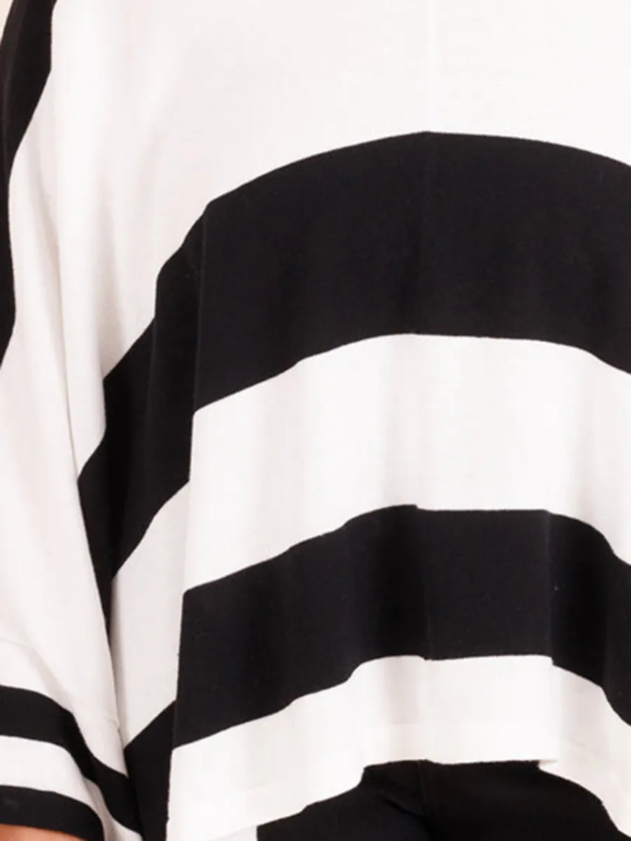 Black And White Striped Bat Sleeved Loose Fitting Sweater