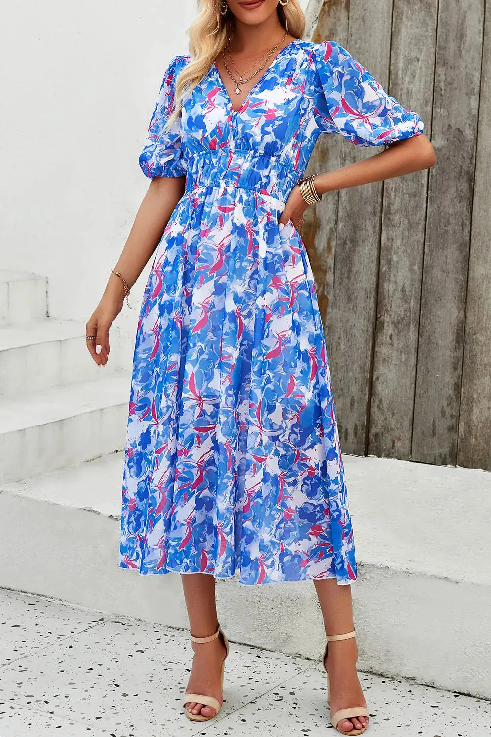 Smocked Printed V Neck Casual Dress