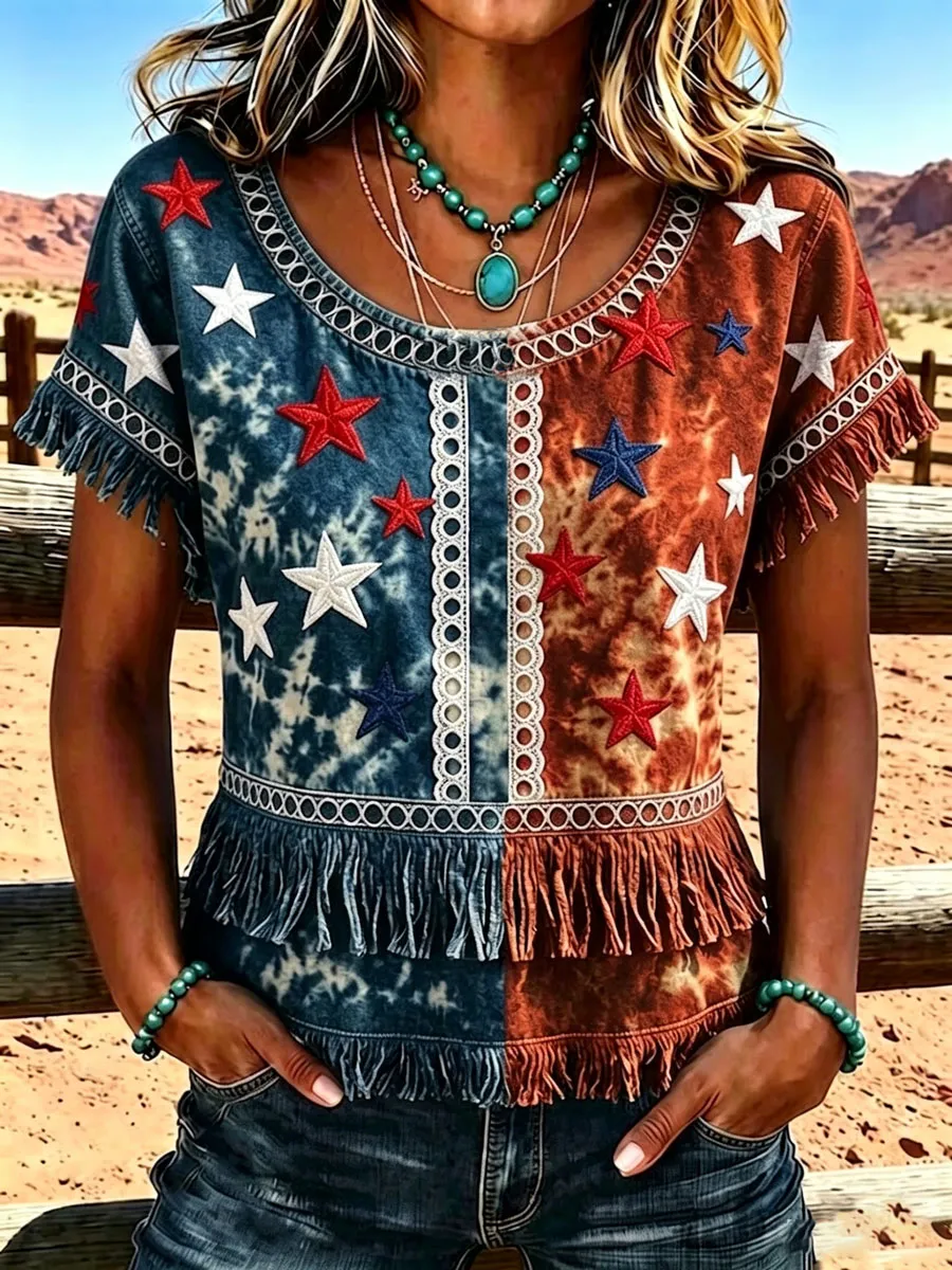 Women'S 250Th Anniversary American Vintage Western-Style Casual Shirt With Fringe Splicing