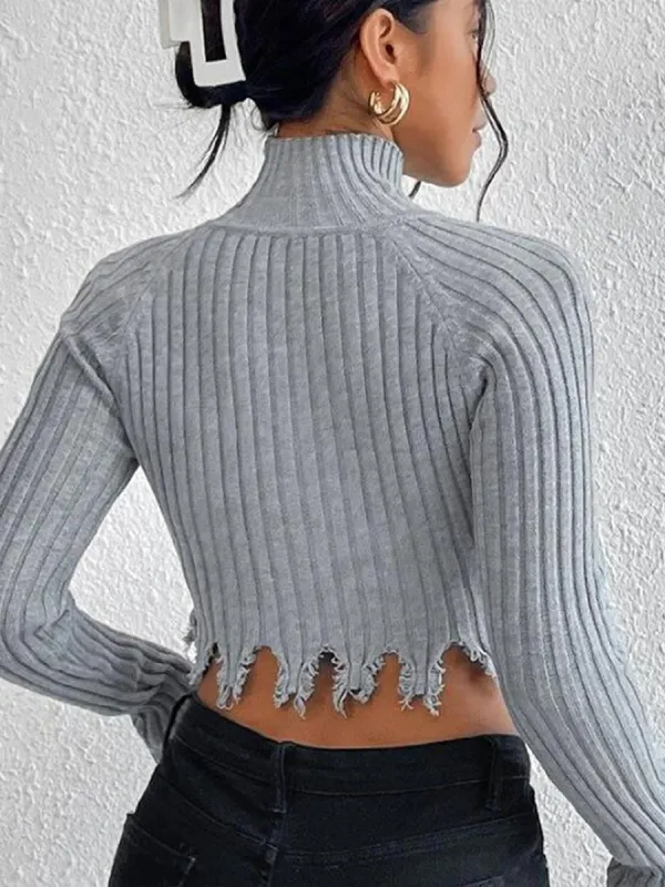 High-neck Long-sleeved Distressed Knit