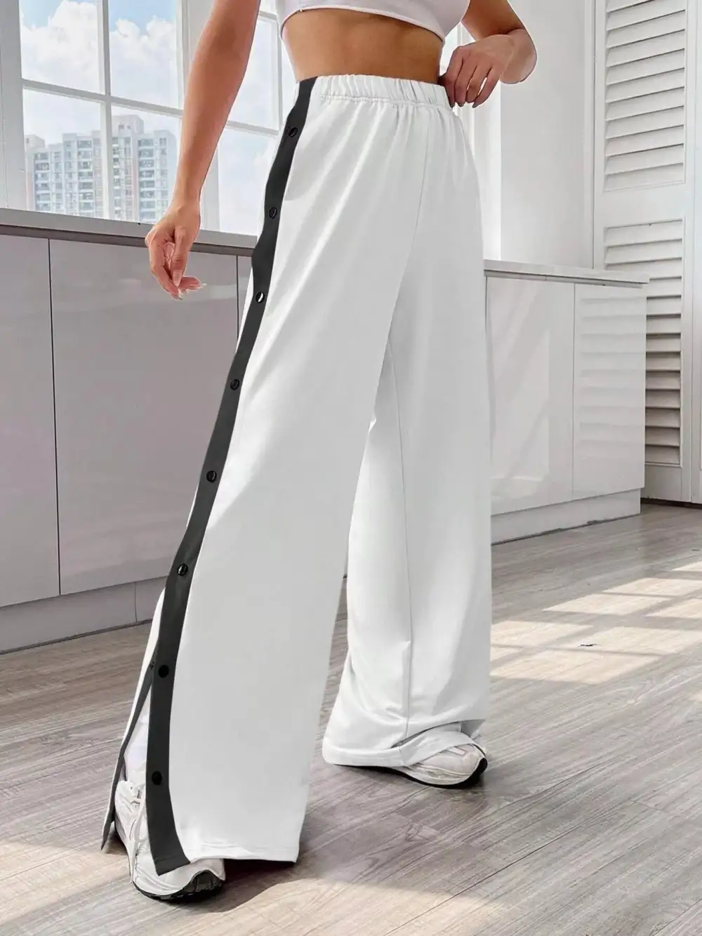 Two Tone Side Snap Wide Leg Pants