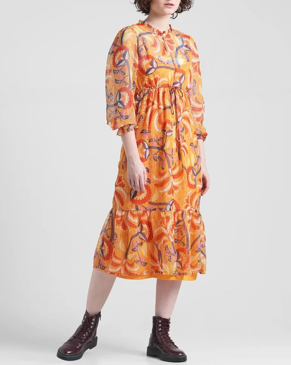 Orange Floral Print Midi Dress