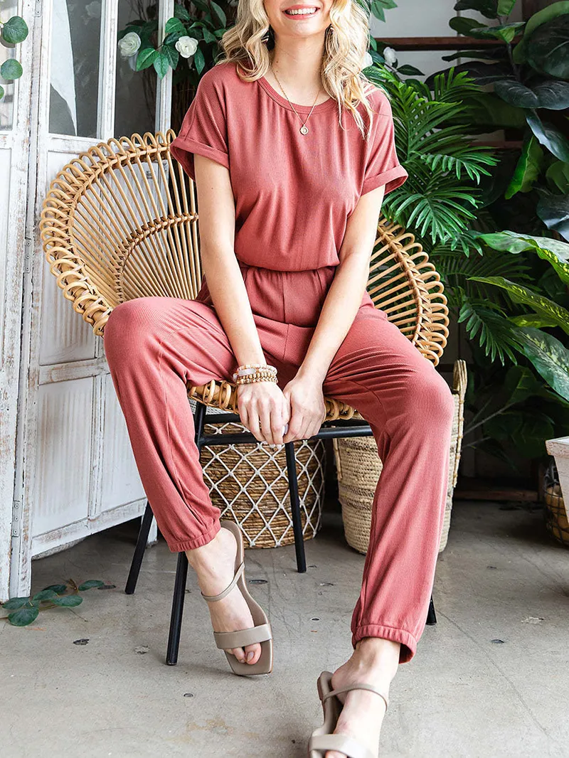 Fashionable solid color round neck casual jumpsuit