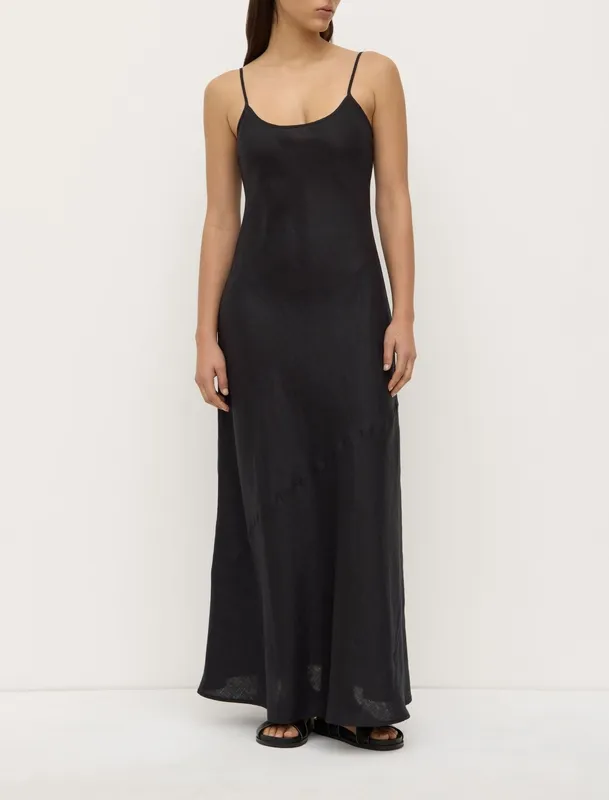 Black Linen Bias-Cut Slip Dress