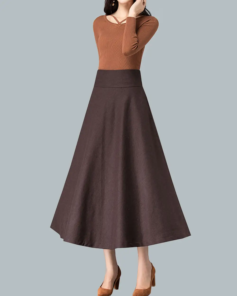 Relaxed Pleated Wool Flared Midi Skirt