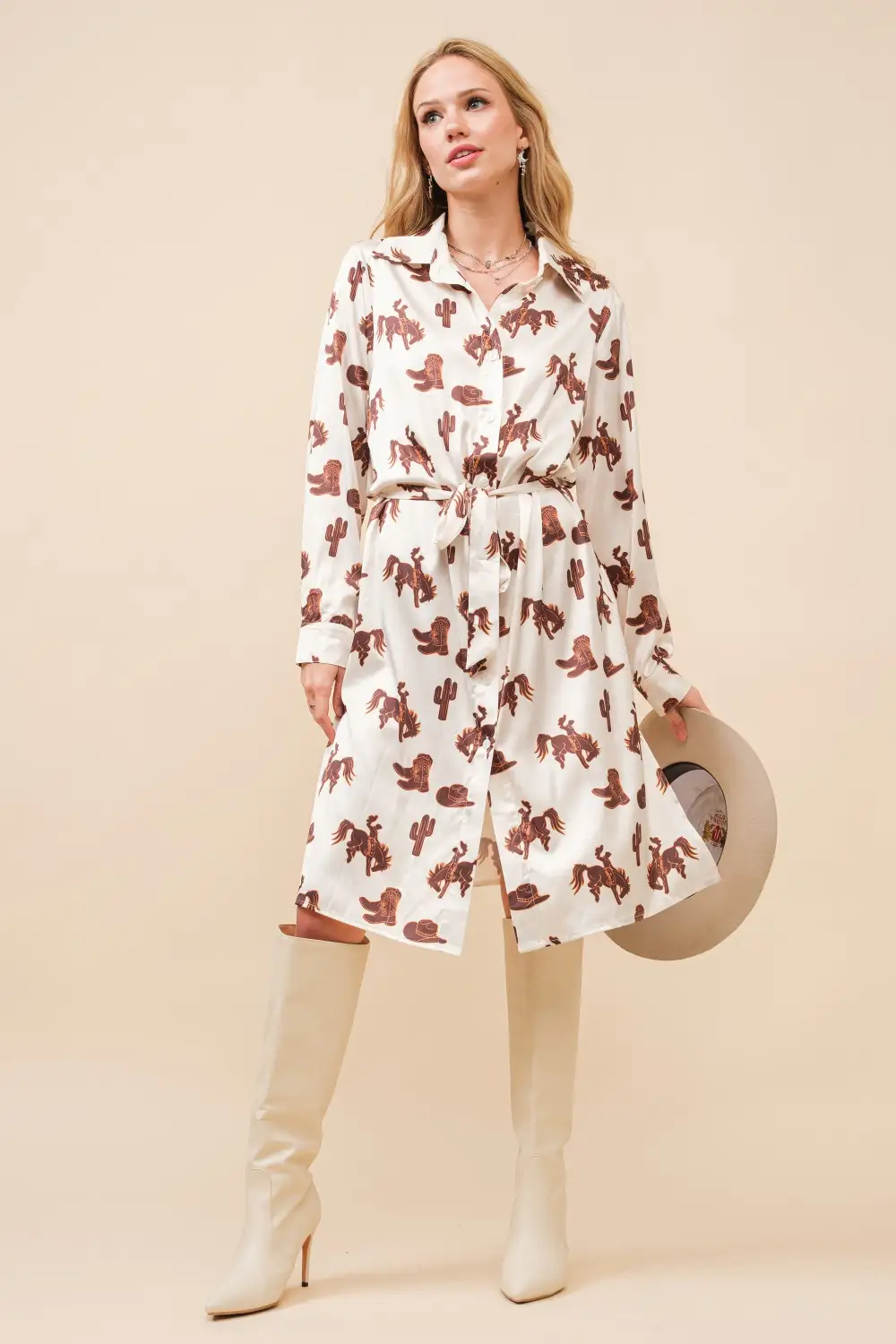 Satin Western Print Button Up Shirt Dress