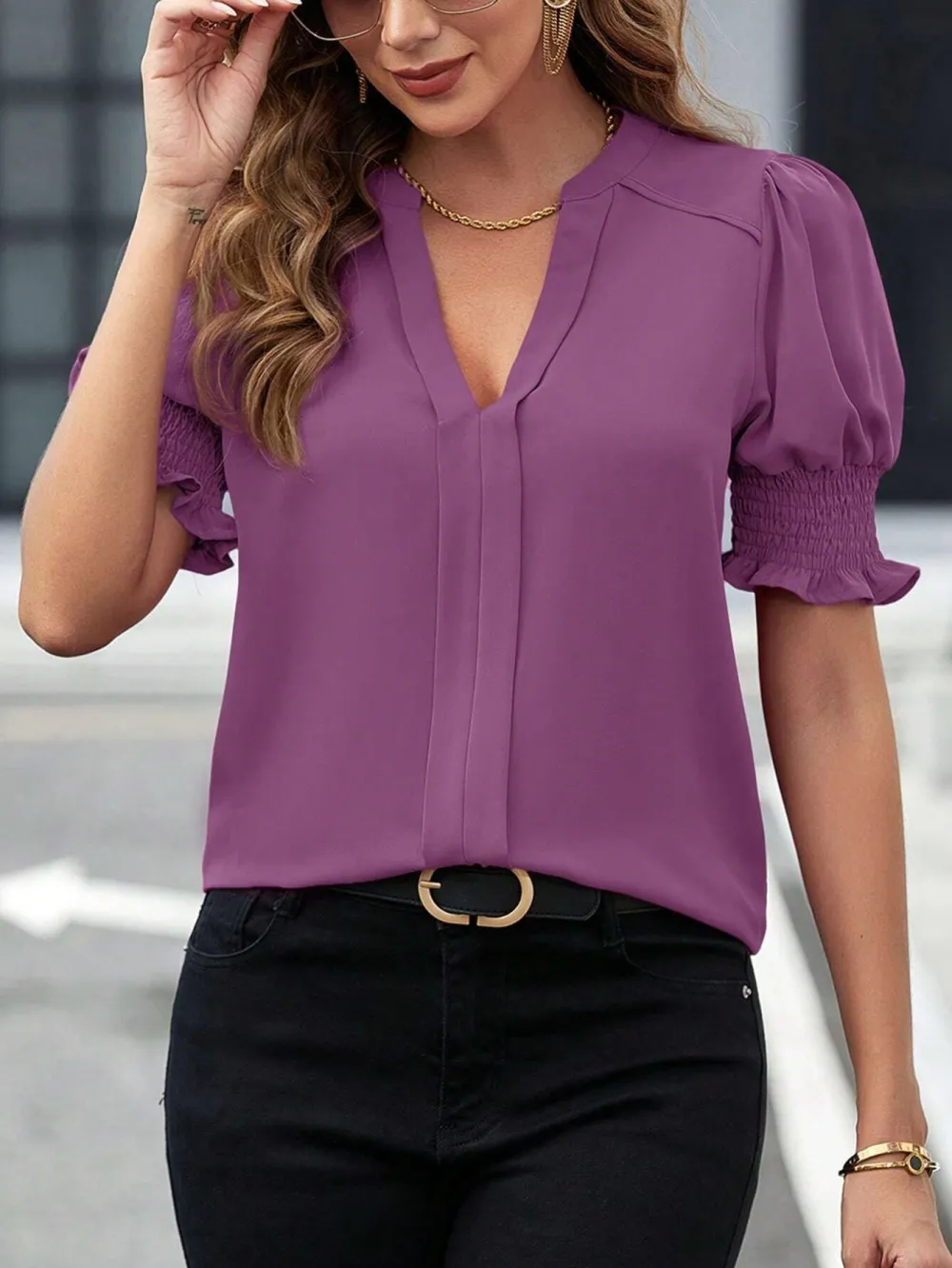 Puff Sleeve V-Neck Blouse
